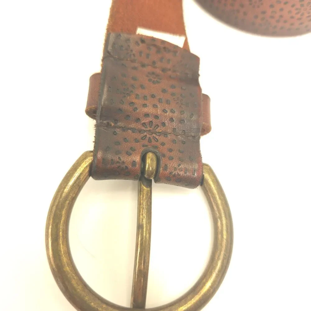Brown Genuine Leather Wide Belt XL Tooled Boho Western Brass Buckle Men